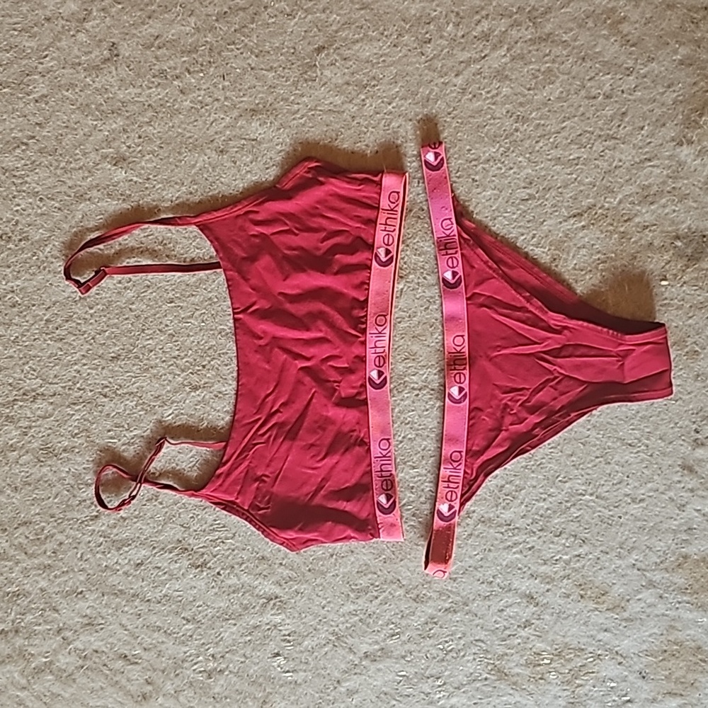 Ethika Red Sports Bra + Bikini Brief Bottoms Underwear Pantie Set Sz Medium $50